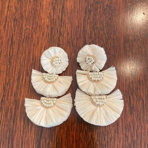 Ivory Raffia Statement Boho Chic Hippie Long Pierced Earrings with White Beads